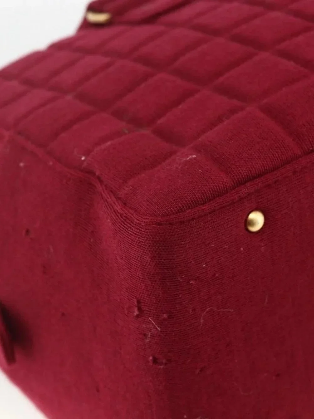 CHANEL Choco Bar Hand Bag Cotton Bordeaux Gold CC Auth BAZ870
